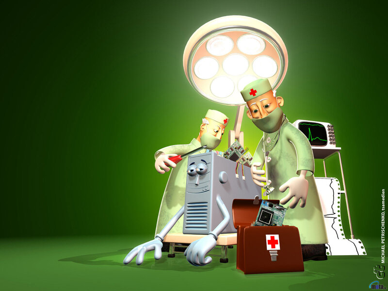 Doctors operating on a computer