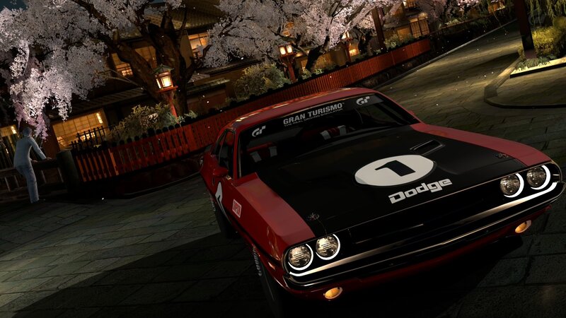 Dodge Challenger in cherry blossom night