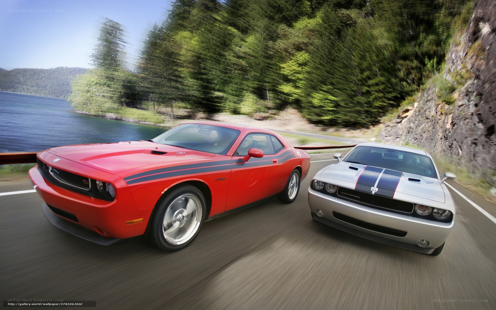 Dodge Challengers on coastal road