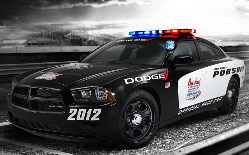 Dodge Charger Police Car — Black, Dramatic, Photograph, Race Track