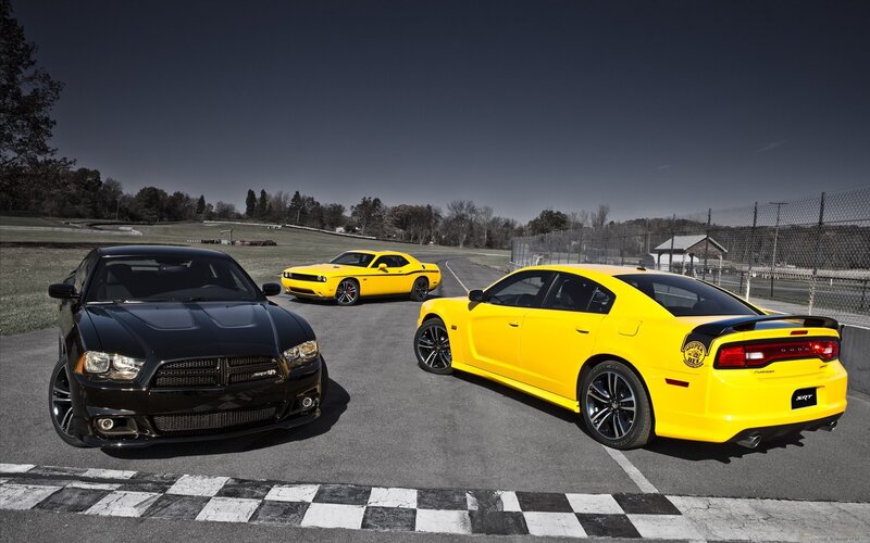 Dodge muscle cars on racetrack
