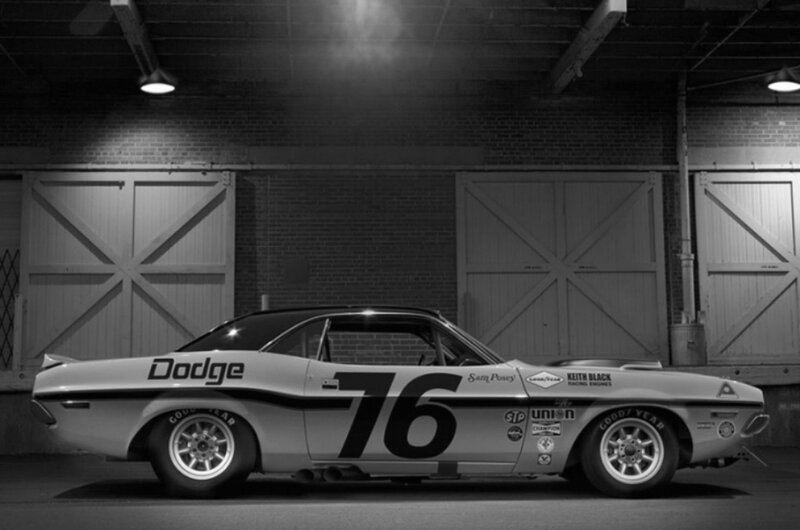 Dodge race car in garage