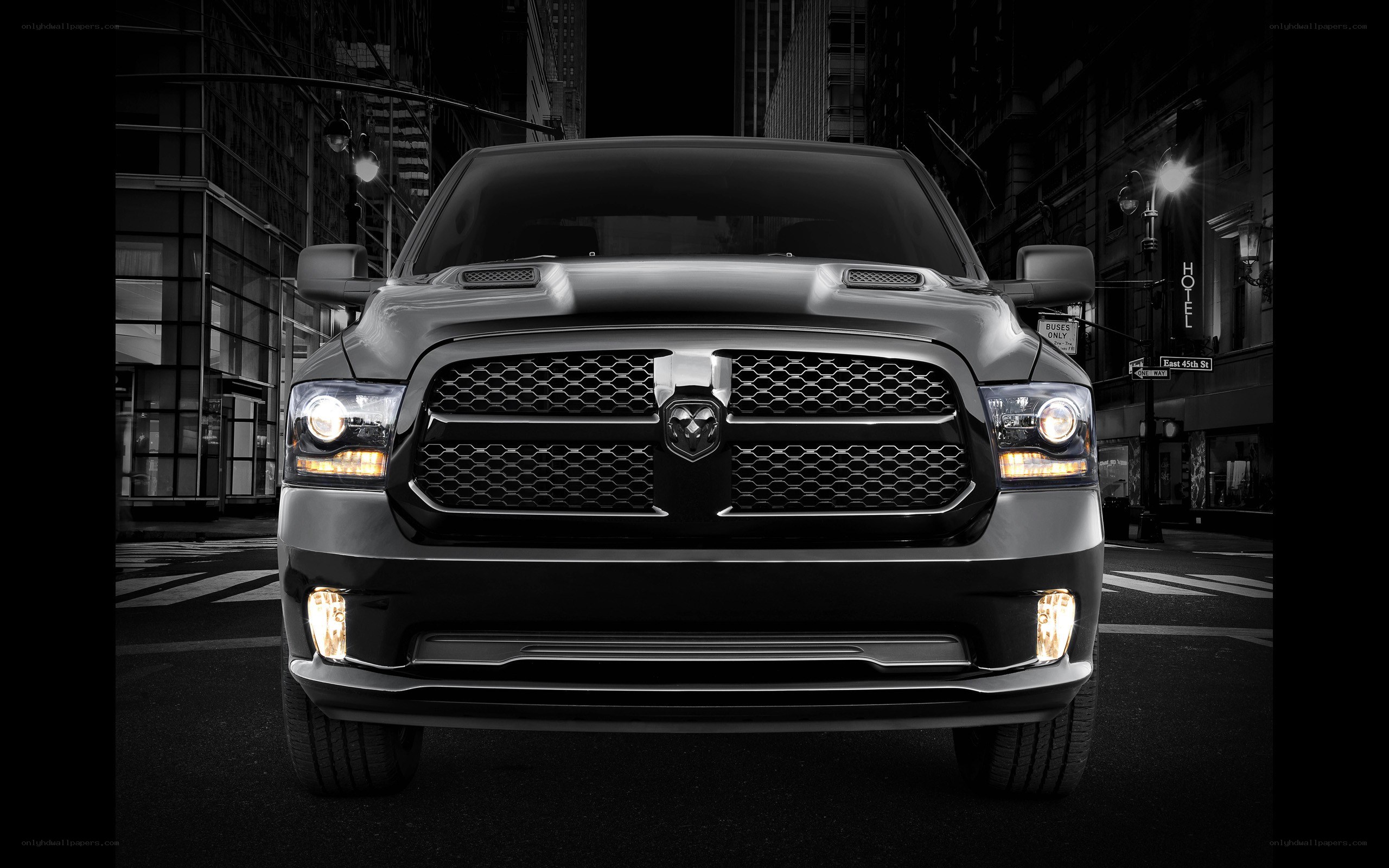 Dodge Ram in city at night
