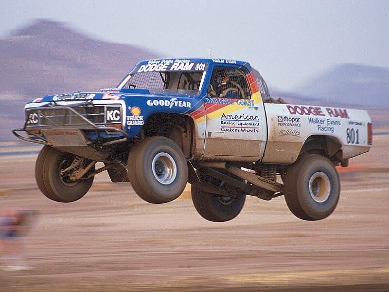 Dodge Ram racing truck in mid-air