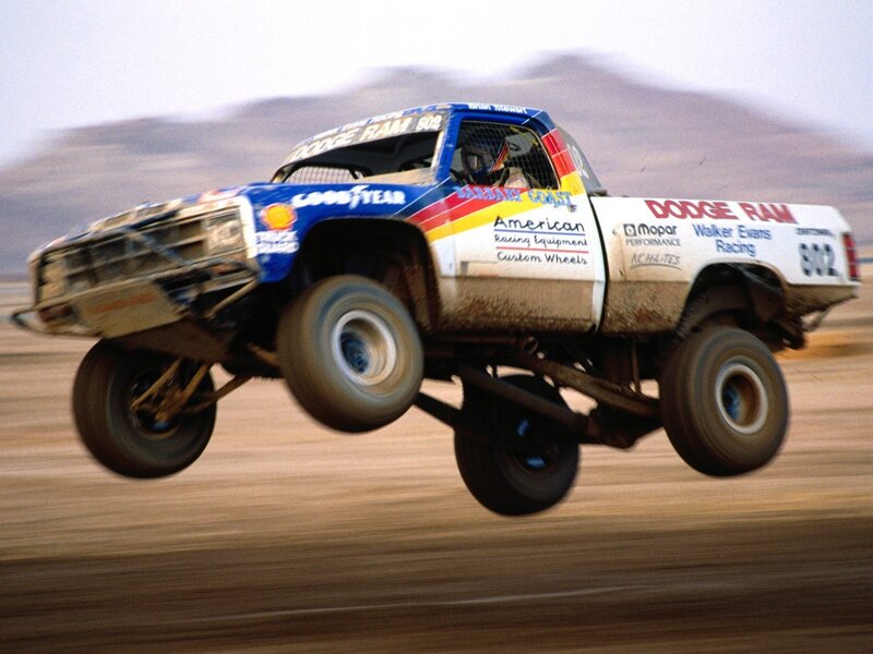 Dodge Ram racing truck in mid-air