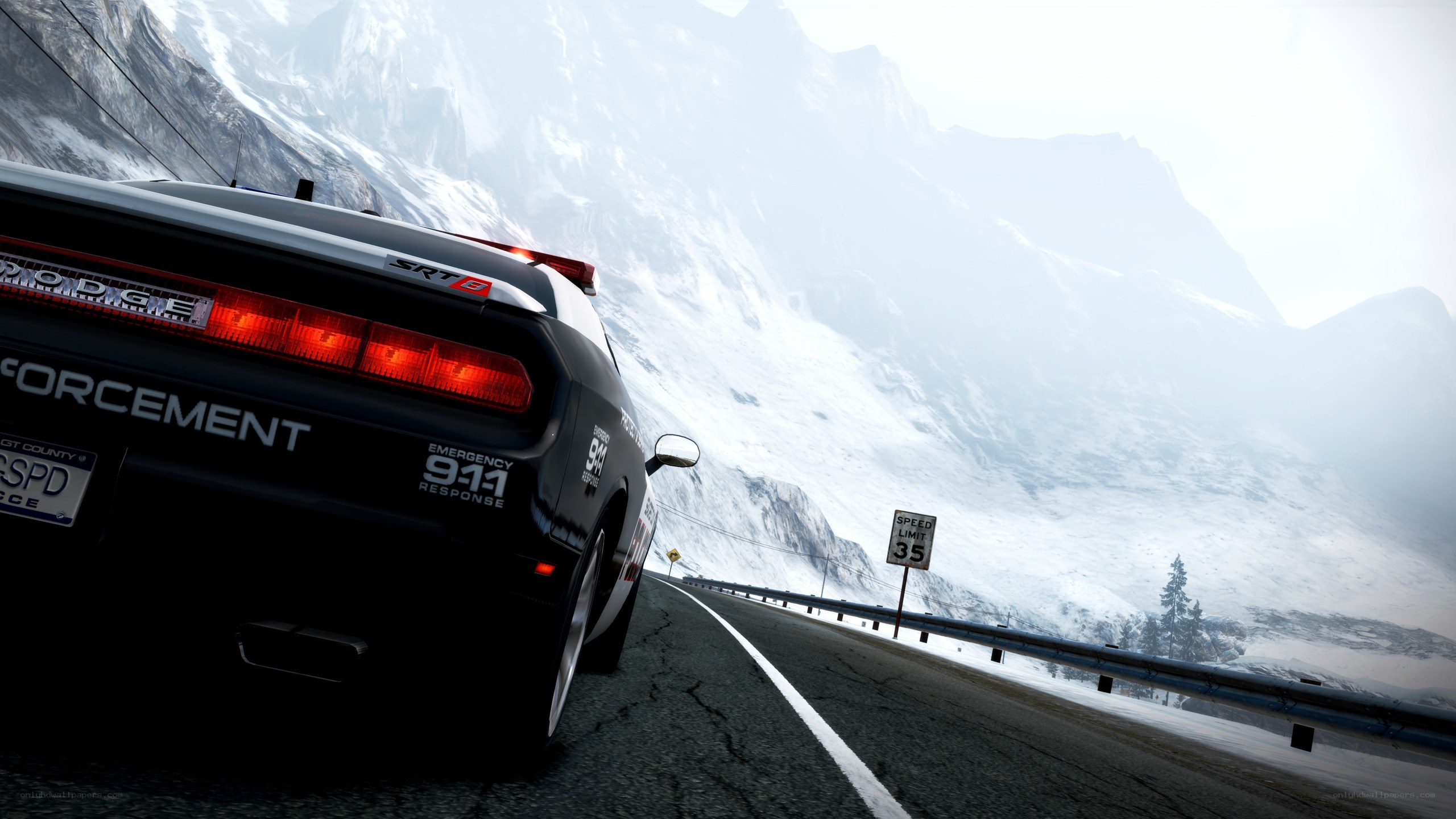 Dodge SRT-8 on snowy mountain road