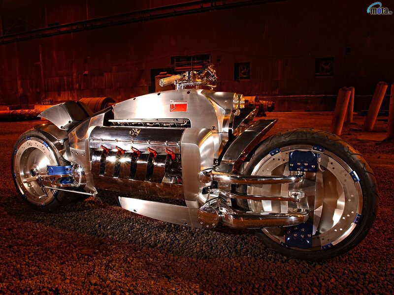 Dodge Tomahawk Motorcycle — Silver, Dramatic, Night, Photograph, Engine, Wheels