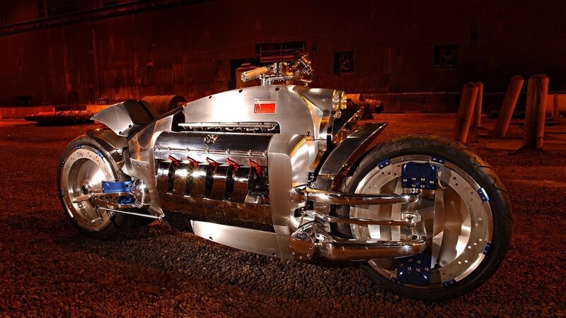 Dodge Tomahawk Motorcycle — Silver, Dramatic, Night, Photograph, Gravel Ground, Industrial Building