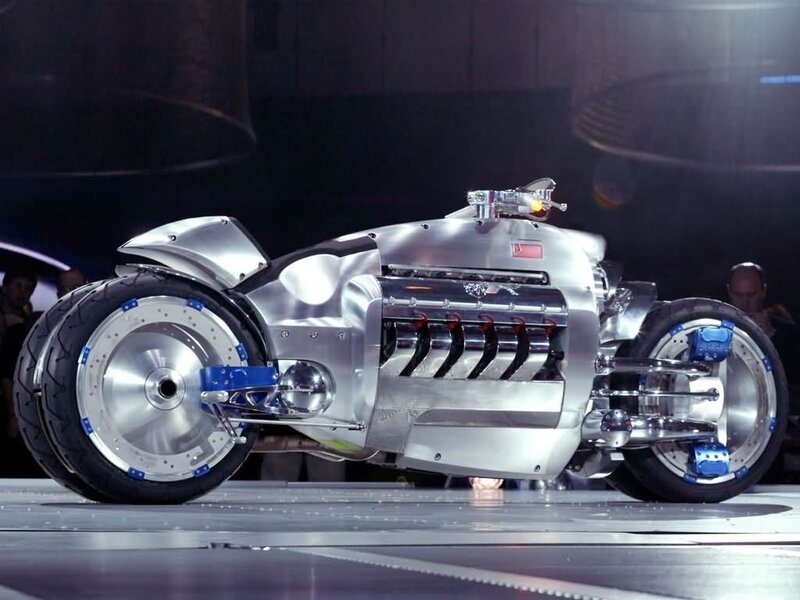 Dodge Tomahawk Motorcycle — Silver, Dramatic, Photograph, Stage