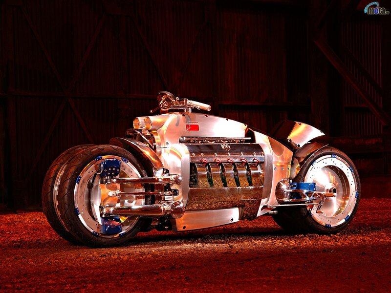 Dodge Tomahawk Motorcycle — Silver, Dramatic, Photograph, Wooden Wall, Dirt Ground
