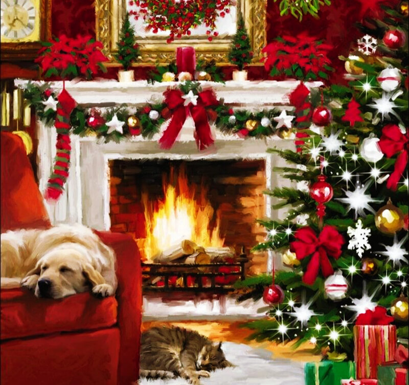 Dog and Cat by Fireplace — Red