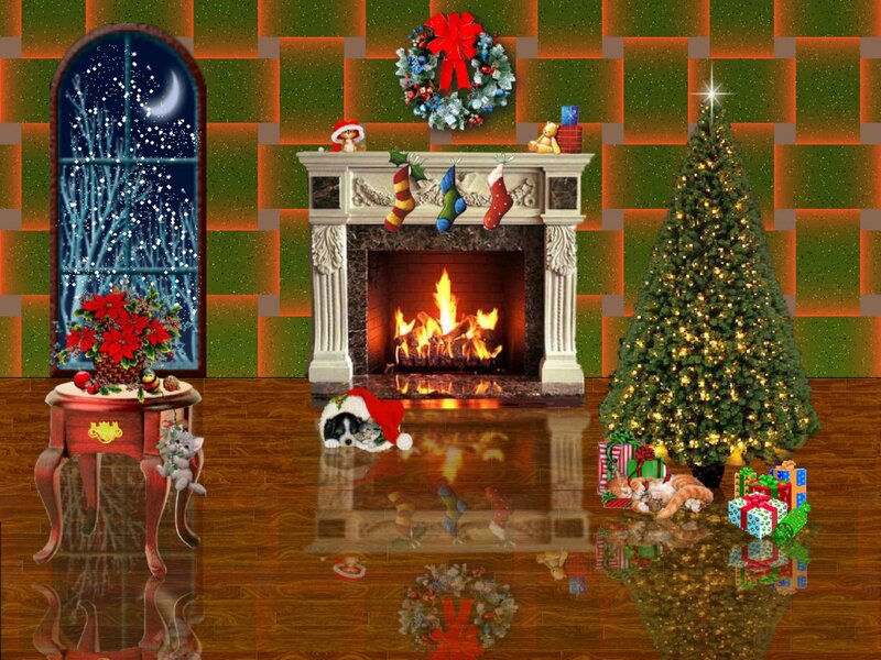 Dog and Cat by Fireplace