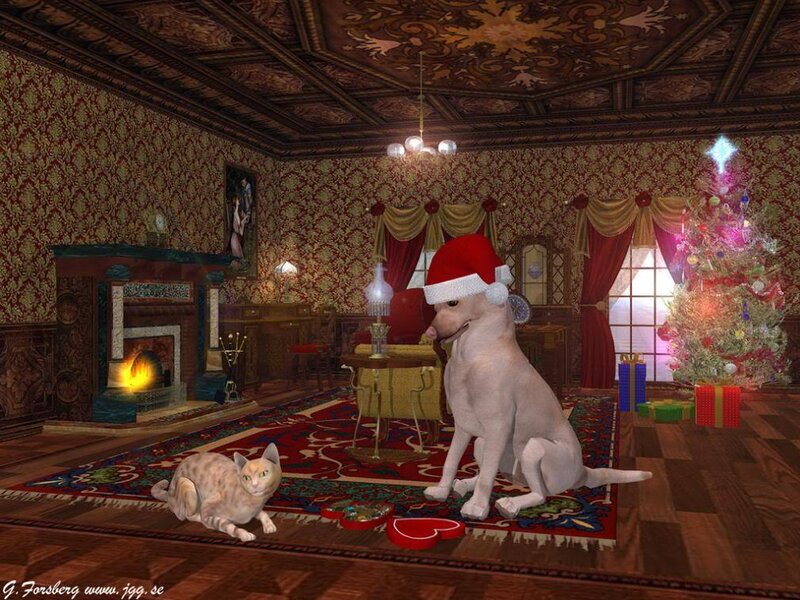 Dog and cat in a festive room