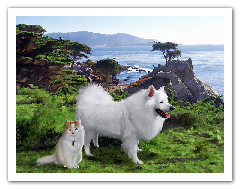 Dog and cat on a coastal cliff