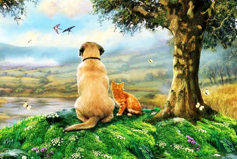 Dog and Cat on Hill — Green
