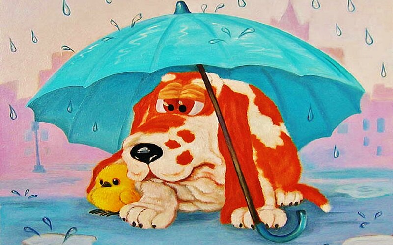 Dog and Chick under Umbrella