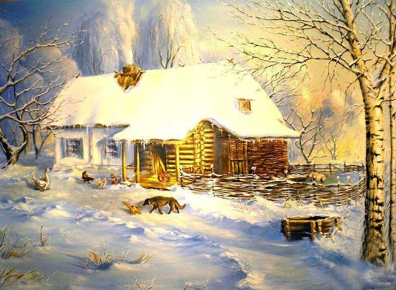 Dog and Chickens in Snow