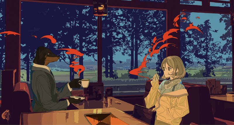 Dog and Girl at Cafe