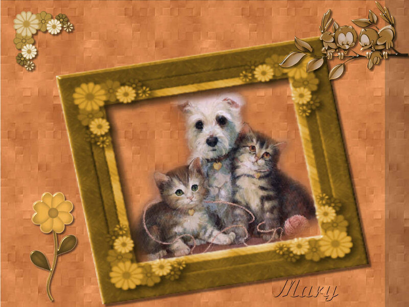 Dog and Two Kittens — Brown