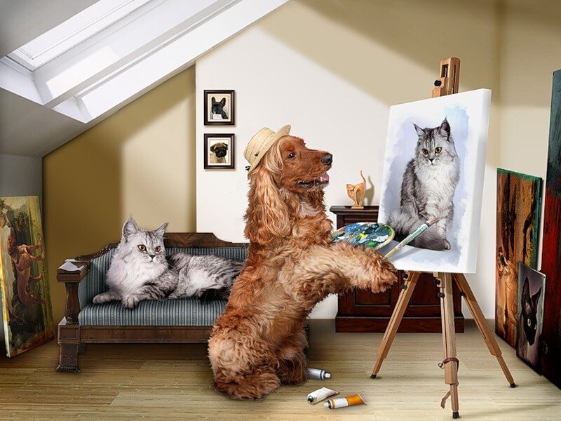 dog artist painting a cat