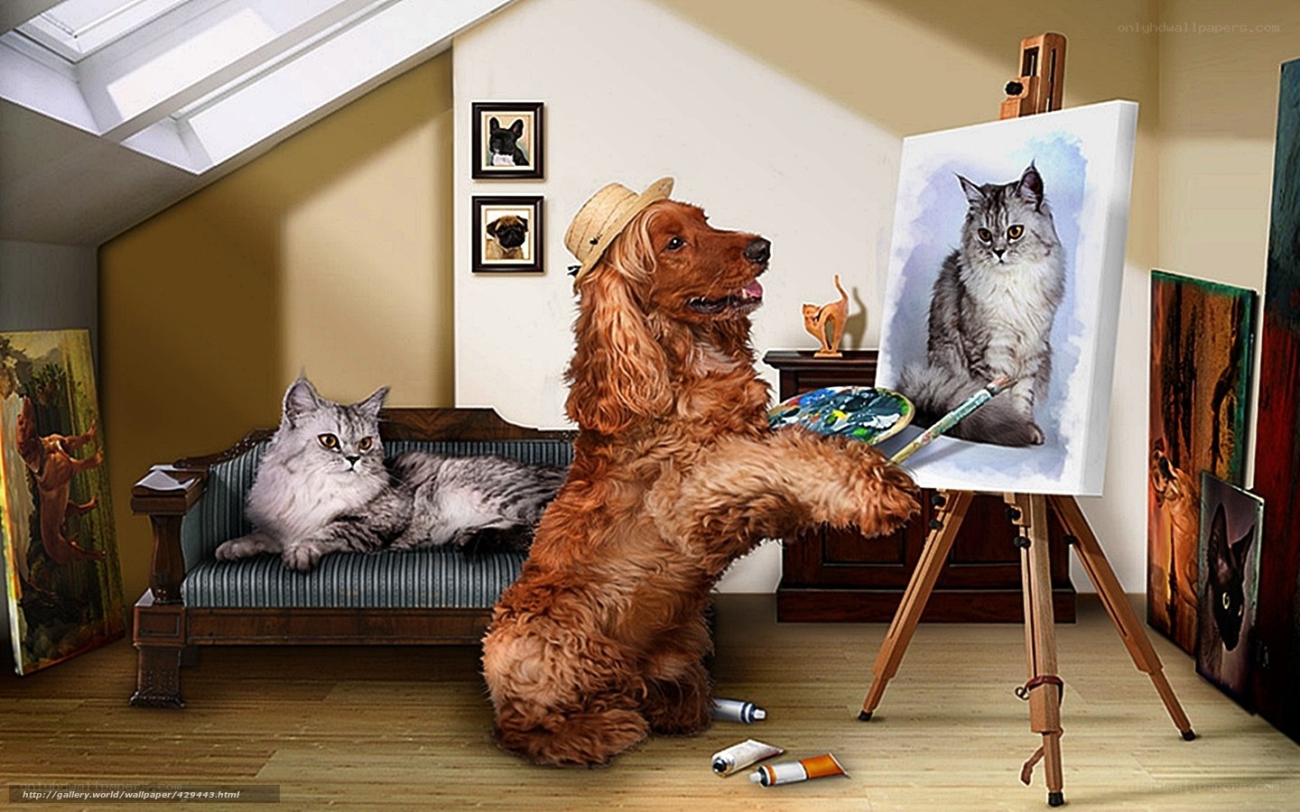 dog artist painting cat