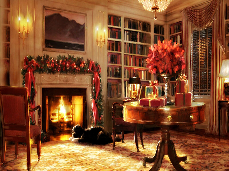 Dog by Fireplace — Red, Cozy, Night