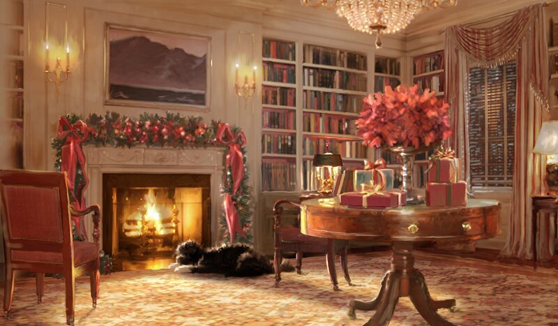 Dog by Fireplace — Red, Cozy