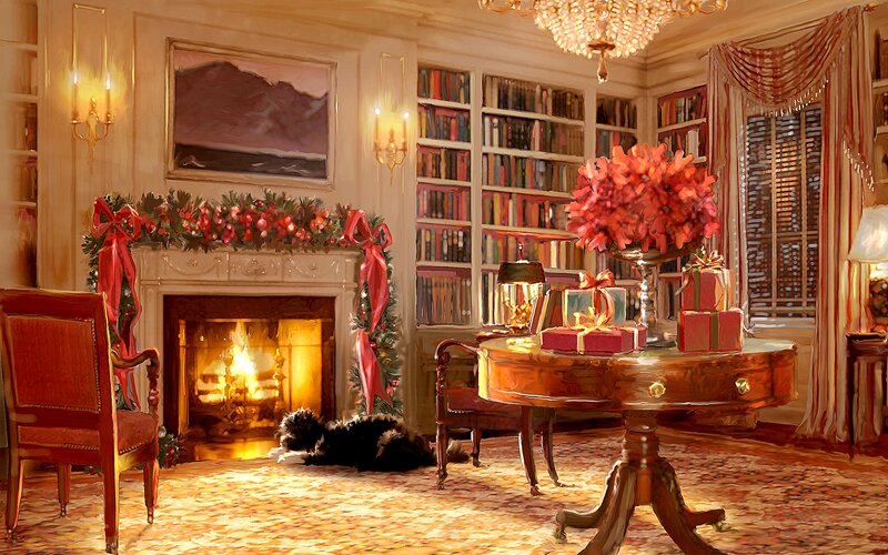 Dog by Fireplace — Red