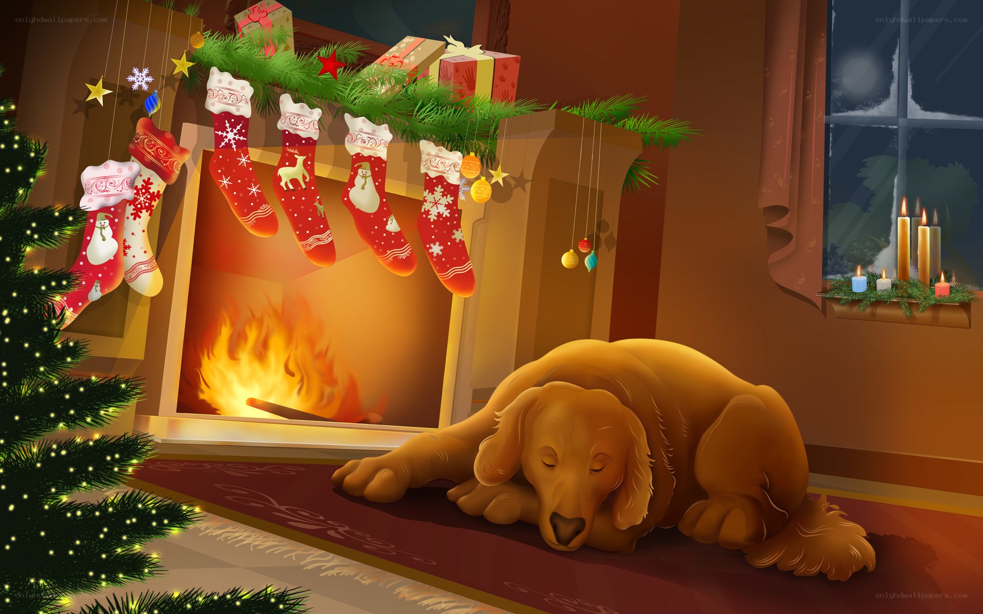 Dog by the fireplace