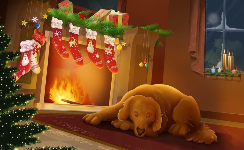 Dog by the fireplace