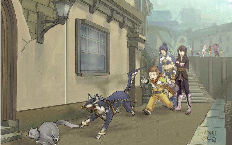 dog chasing cat in town