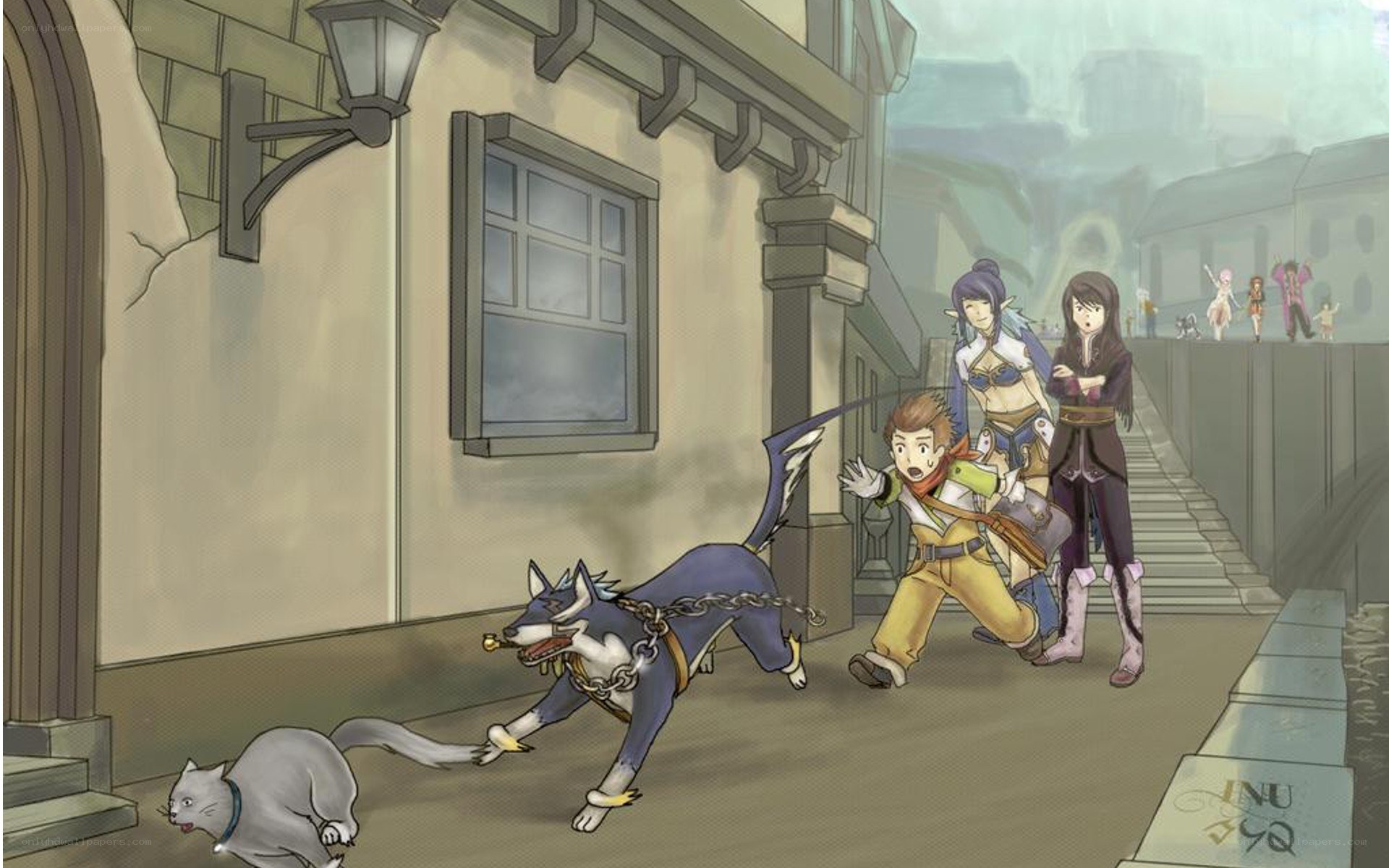 dog chasing cat in town