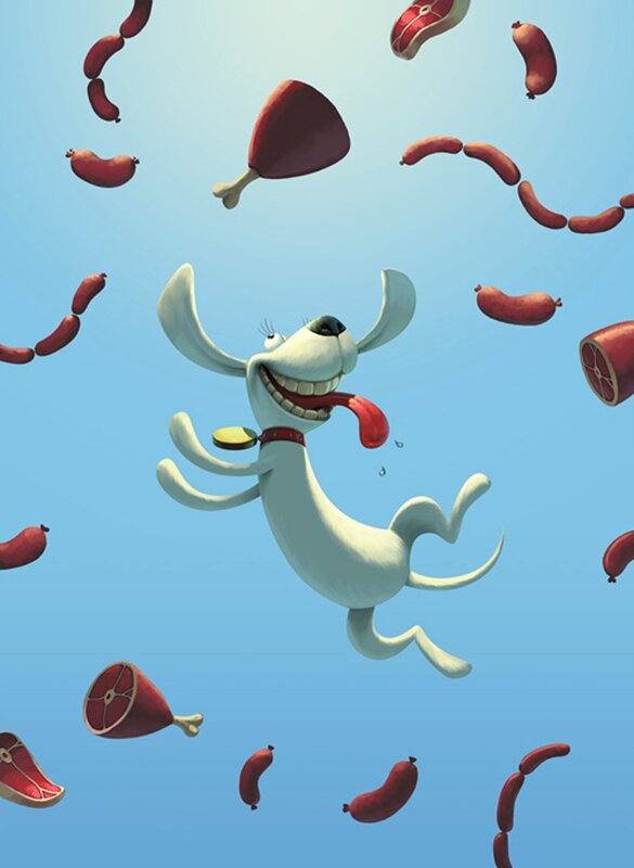 dog chasing meat in sky