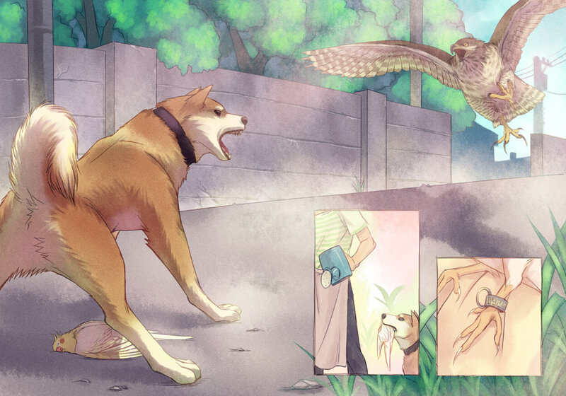 Dog Confronting Hawk