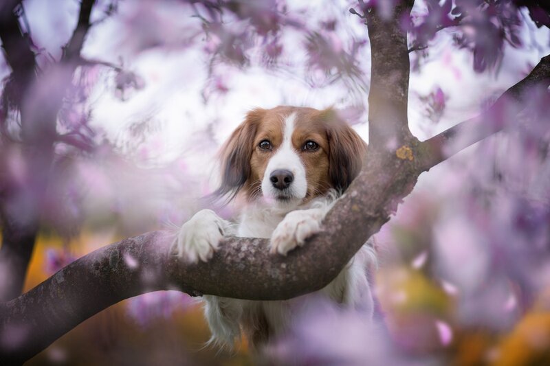 Dog in Cherry Blossom Tree