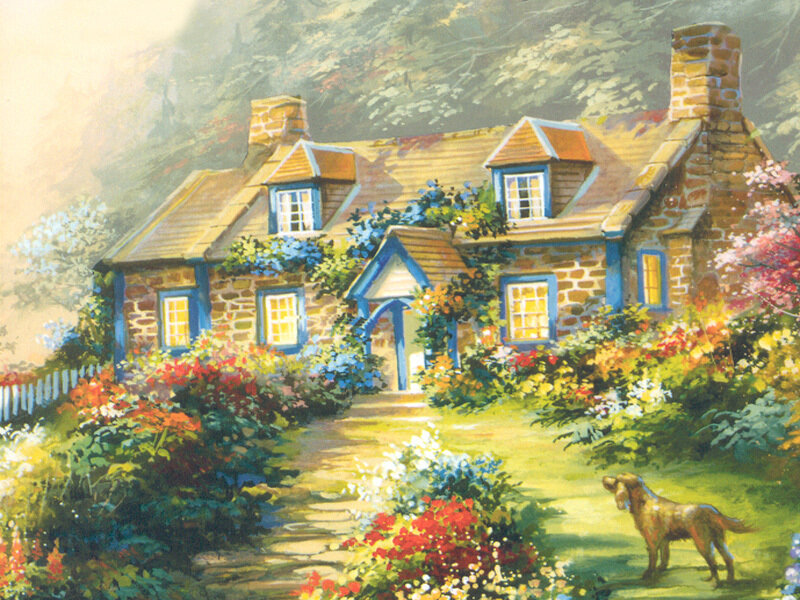 Dog in Garden — Green, Serene, Afternoon, Painting