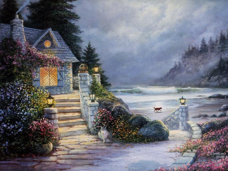 Dog on Beach Near Cottage — Blue
