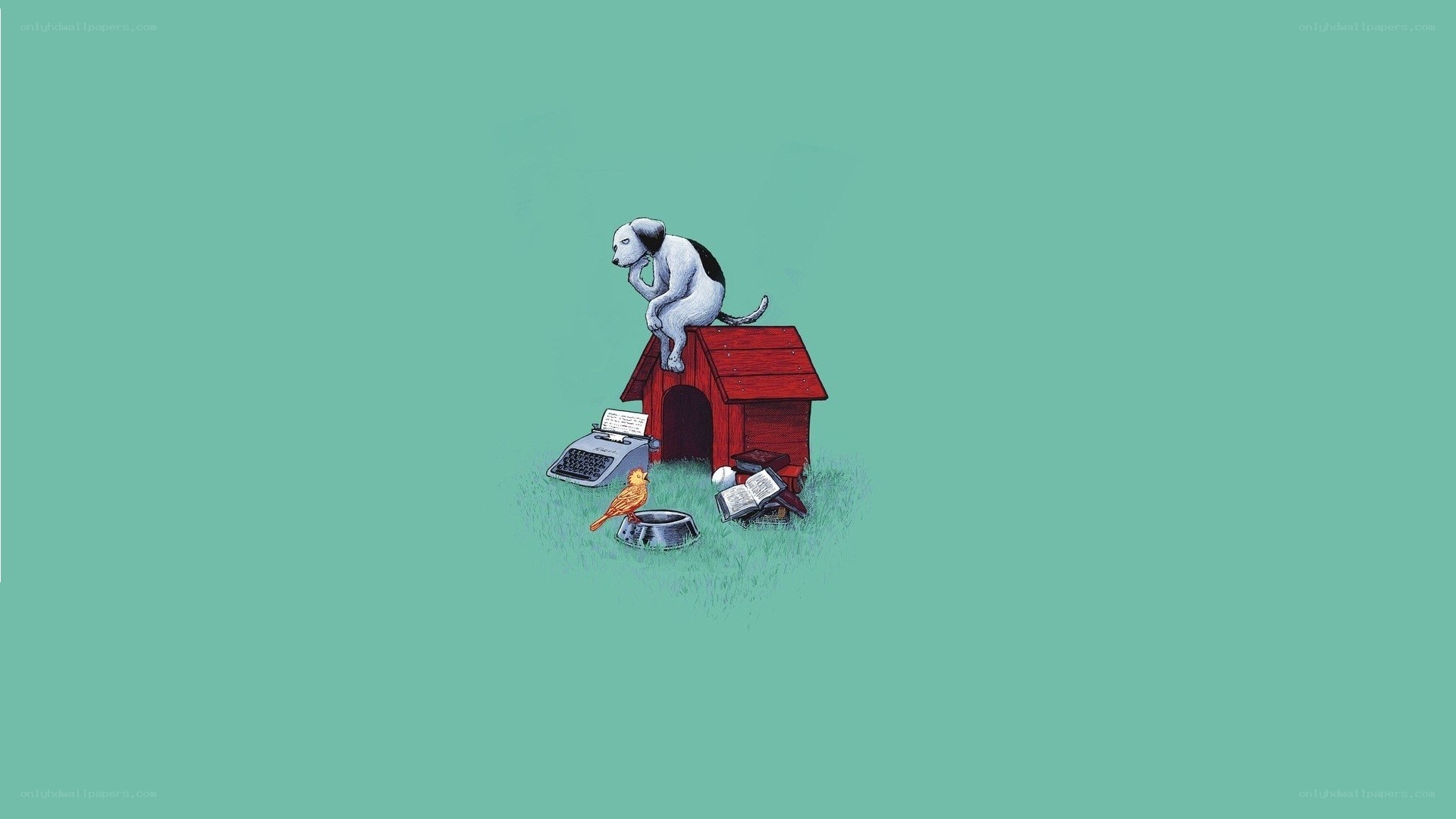 dog on doghouse with typewriter