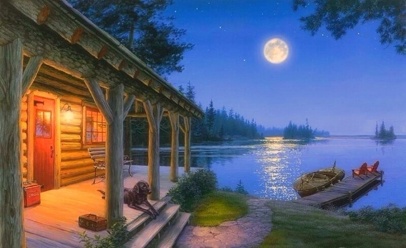 Dog on Porch at Night — Blue, Serene