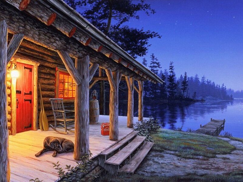 Dog on Porch at Night — Blue