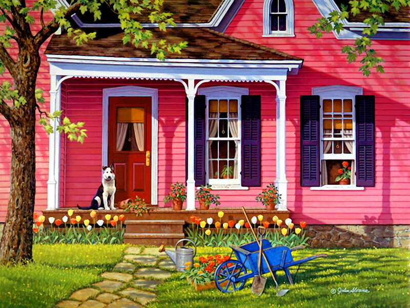 Dog on Porch — Pink