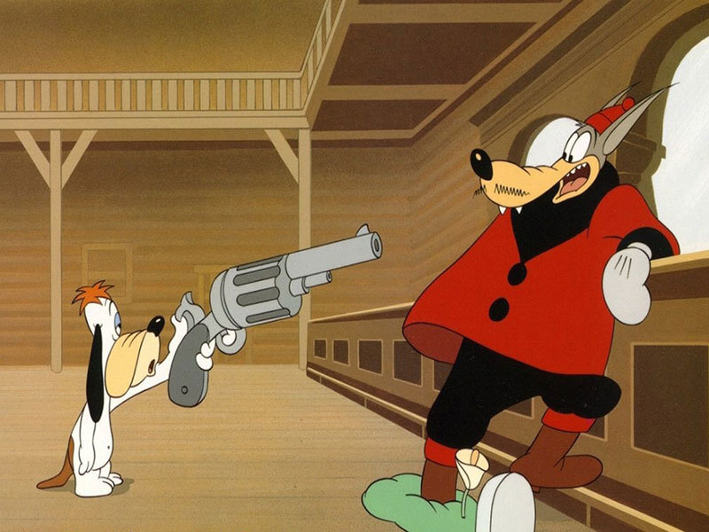 Dog Pointing Gun at Wolf