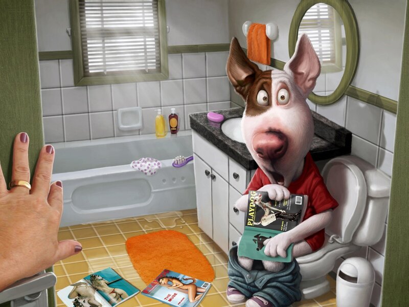 dog reading magazine in bathroom