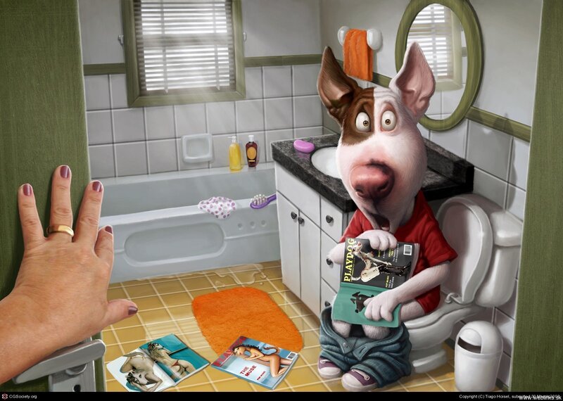 dog reading magazine in bathroom