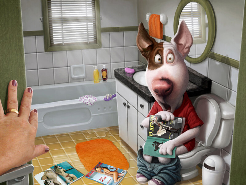dog reading magazine in bathroom