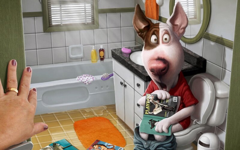 dog reading magazine in bathroom