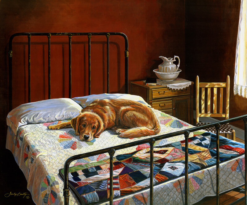 Dog resting on a quilted bed