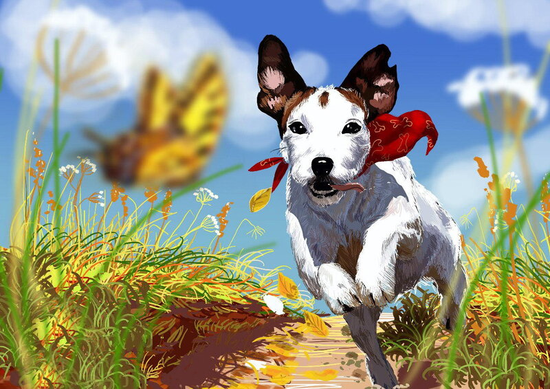 Dog Running in Field — Blue