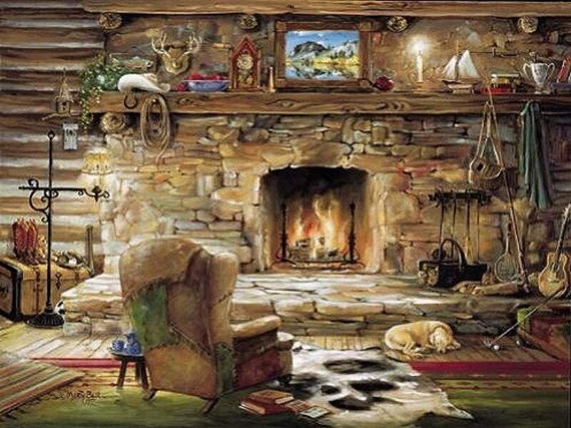 Dog Sleeping by Fireplace — Brown, Cozy, Night, Painting