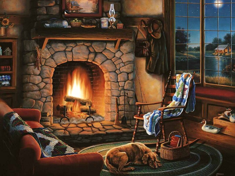 Dog Sleeping by Fireplace — Brown, Cozy, Night